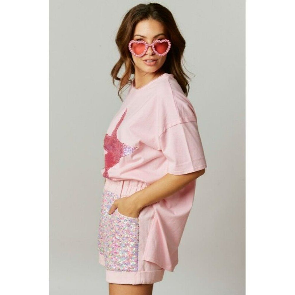 Fantastic Fawn Harper Sequin Star Patch Tee in Pink IFKT51640-04 - Picture 6 of 7